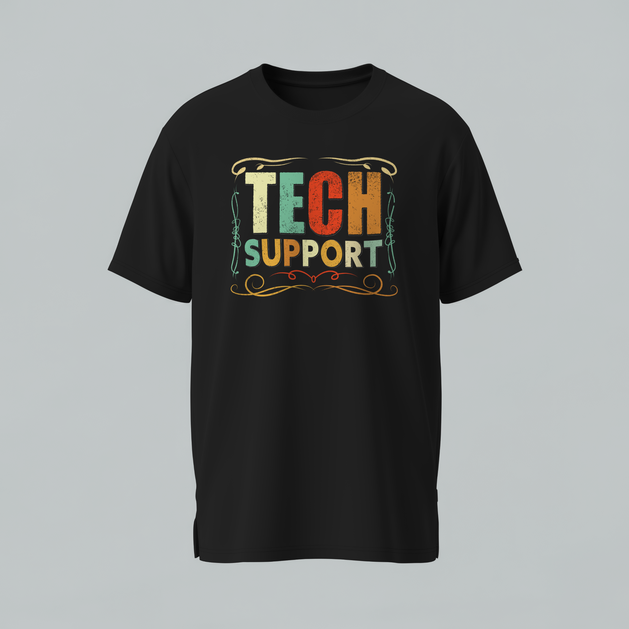 Black t-shirt with 'Tech Support' text on a gray background