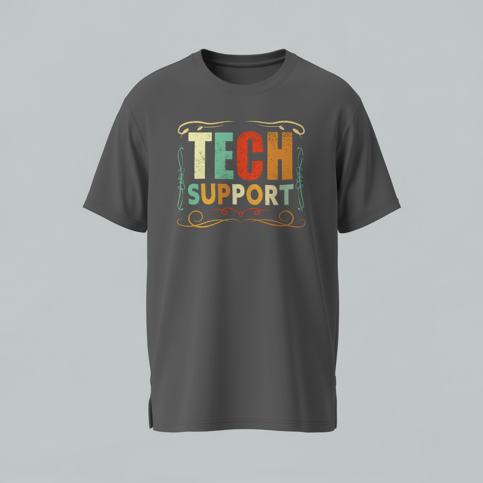 Gray t-shirt with 'Tech Support' text on a gray background