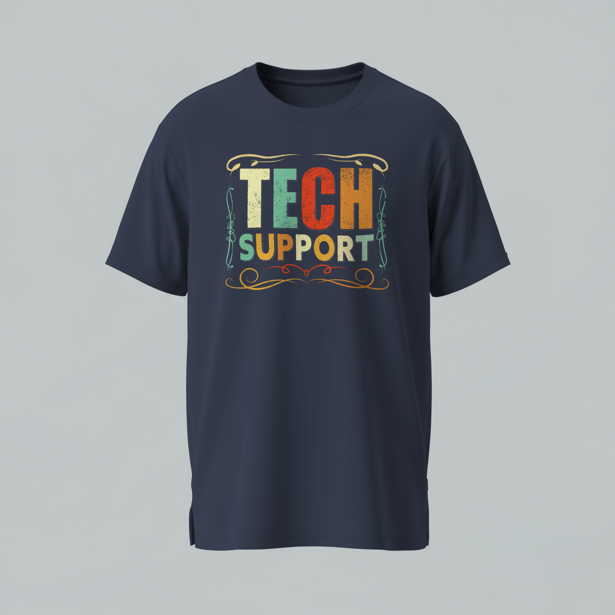 Navy blue t-shirt with 'Tech Support' text on a gray background
