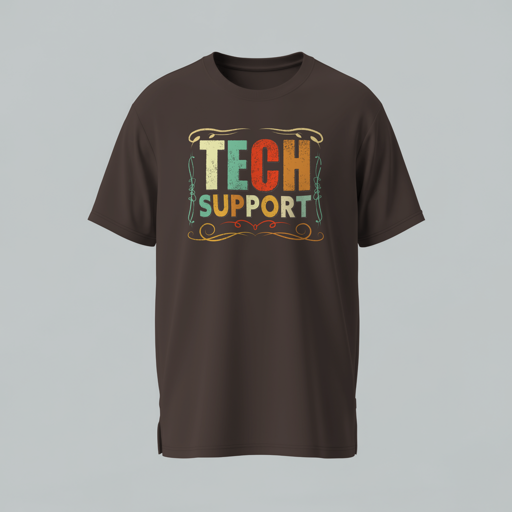 Brown t-shirt with 'TECH SUPPORT' text on a gray background