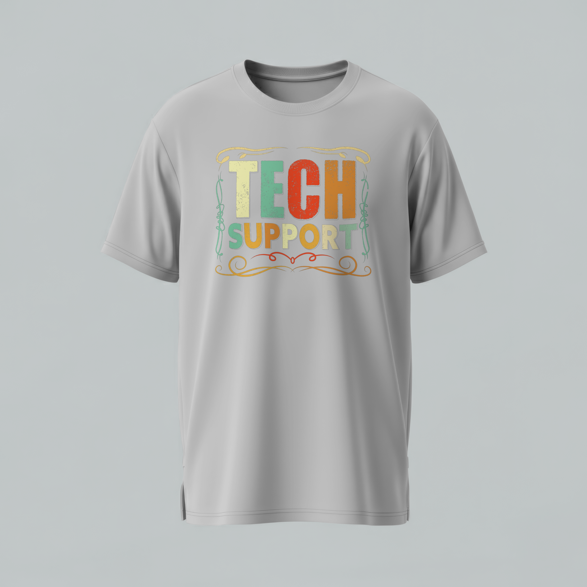 Gray t-shirt with 'TECH SUPPORT' text on a light gray background