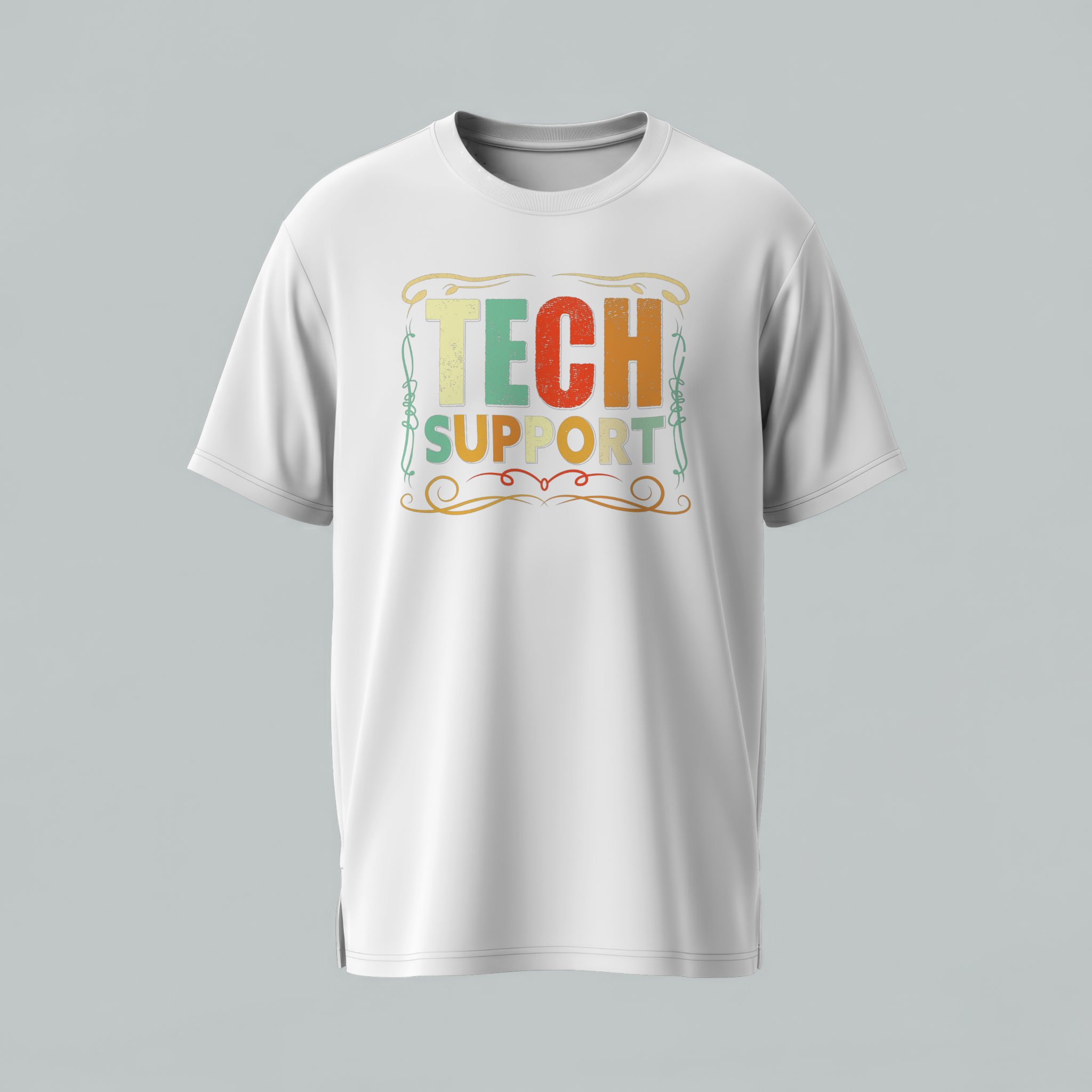 White t-shirt with 'TECH SUPPORT' text on a gray background