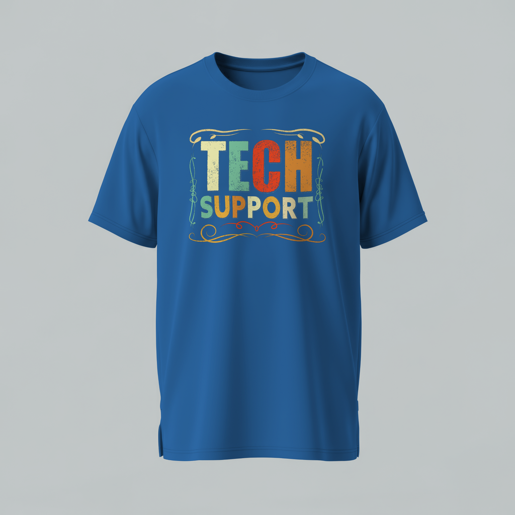 Blue t-shirt with 'TECH SUPPORT' text on a gray background