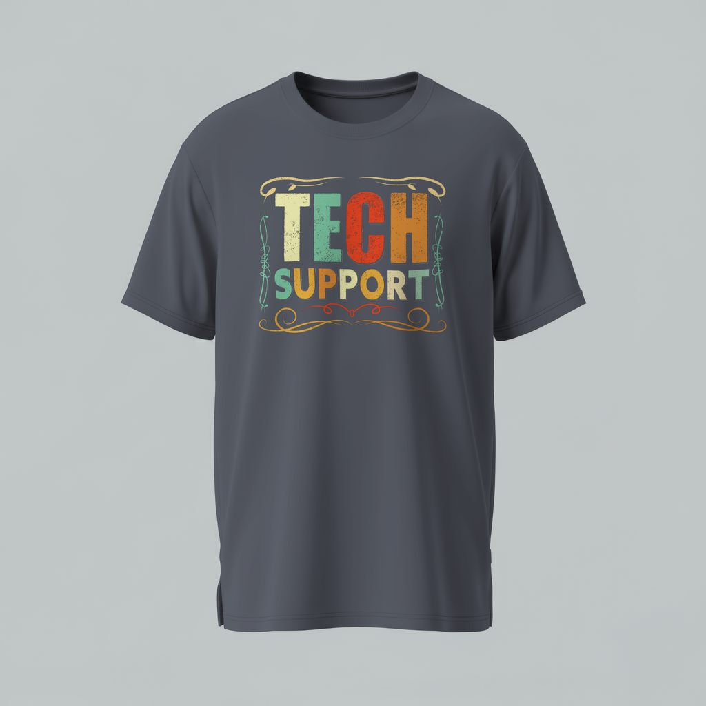 Gray t-shirt with 'Tech Support' text on a gray background