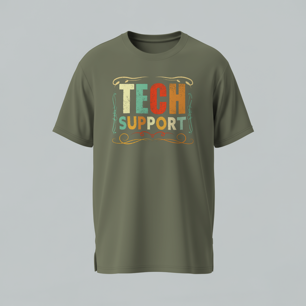 Green t-shirt with 'Tech Support' text on a gray background