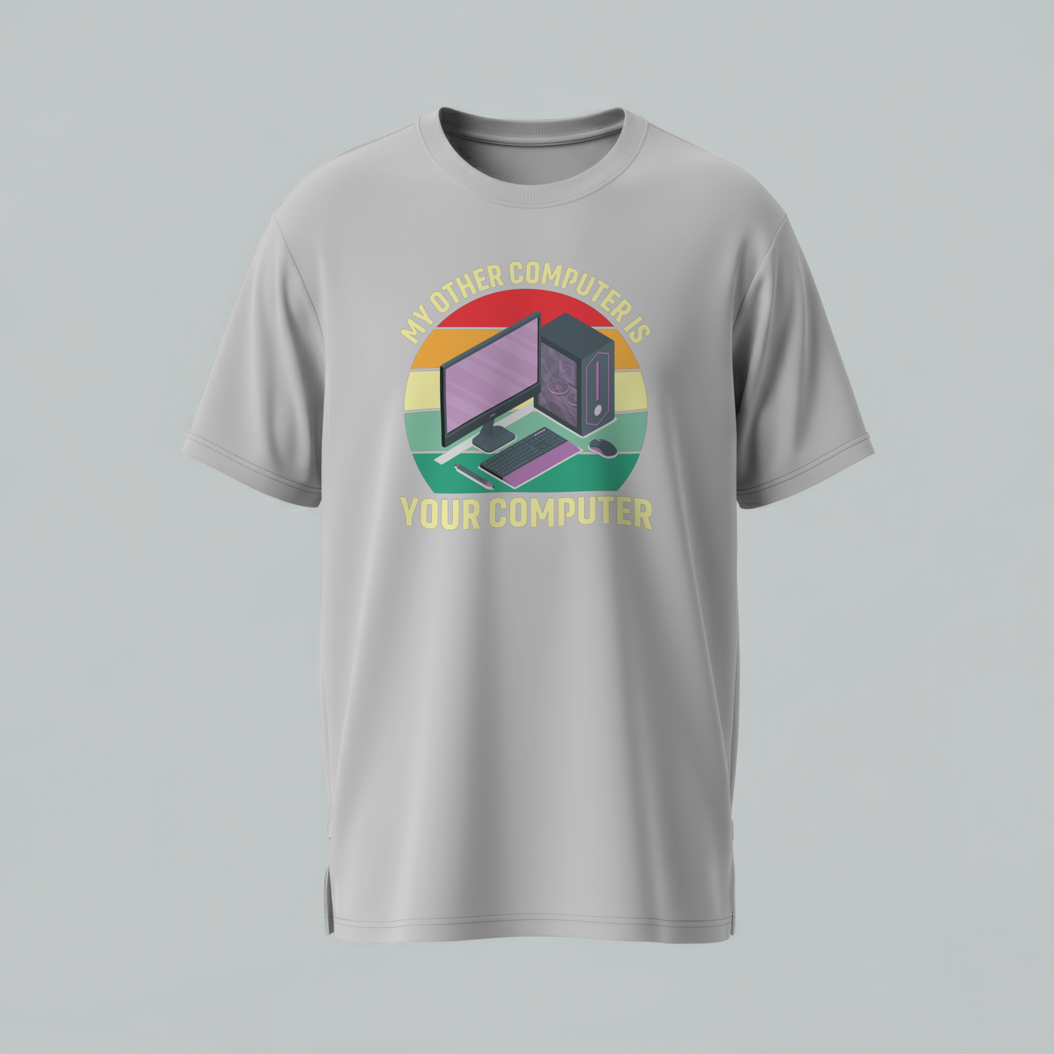 Gray t-shirt with a graphic design of a computer and text on a gray background