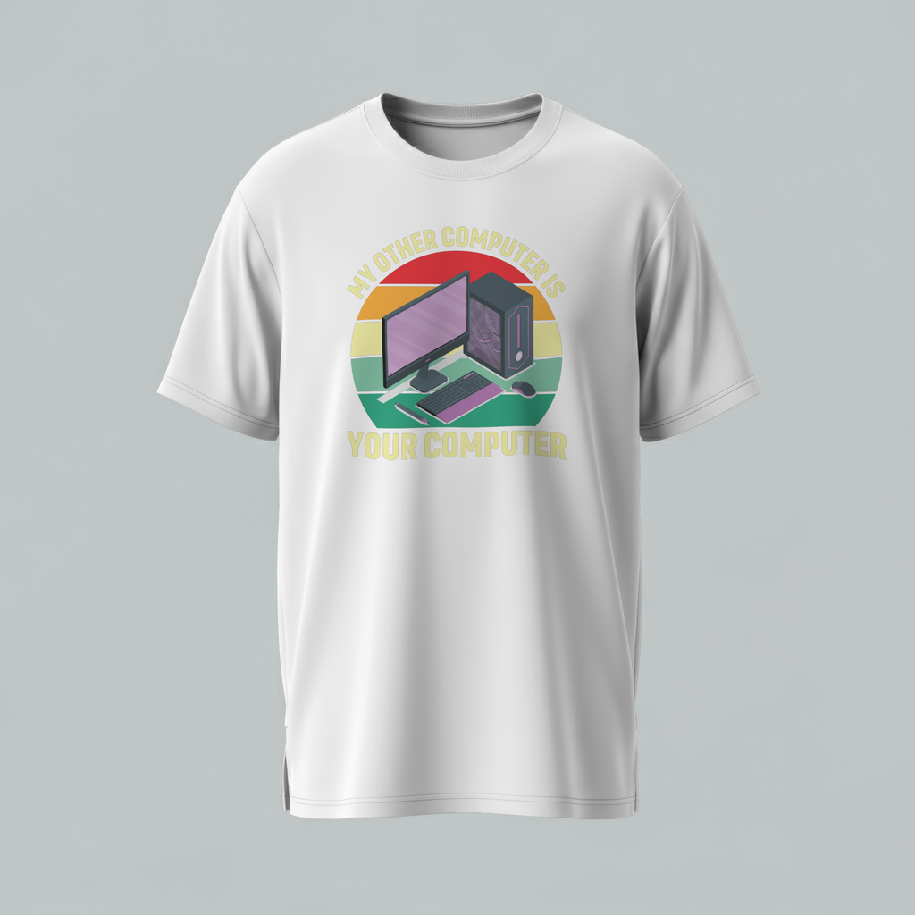 White t-shirt with a graphic design of computer equipment on a gray background