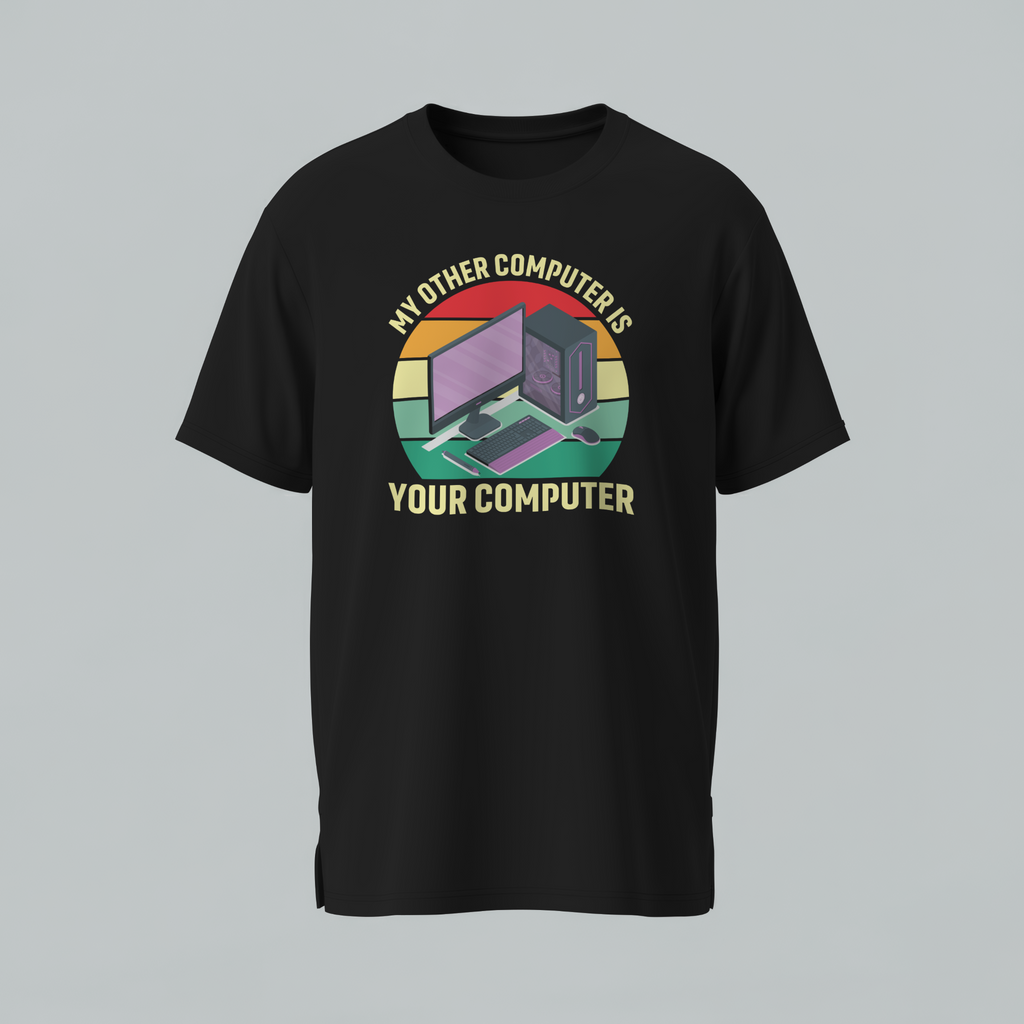 Black t-shirt with a graphic design and text on a gray background