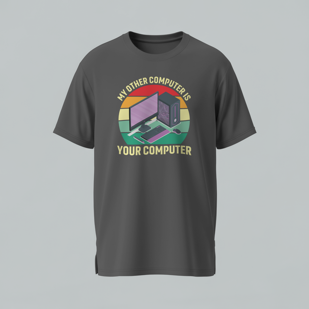 Gray t-shirt with a graphic design and text on a gray background
