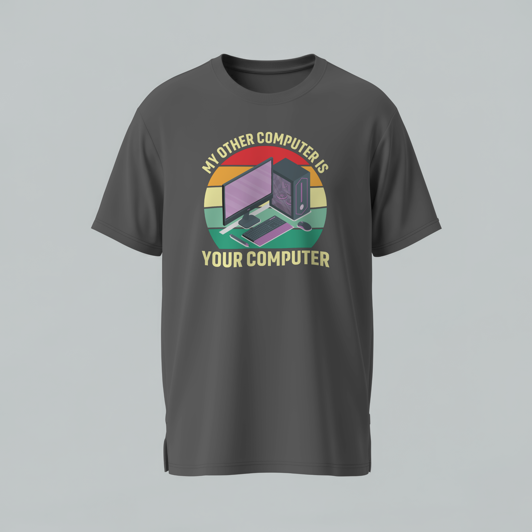 Gray t-shirt with a graphic design and text on a gray background