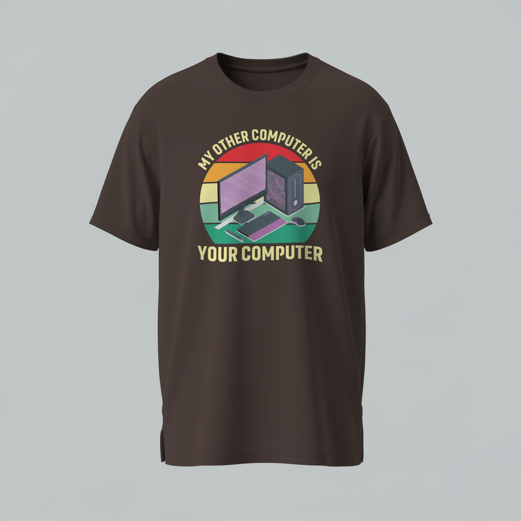 Brown t-shirt with a graphic design on a gray background
