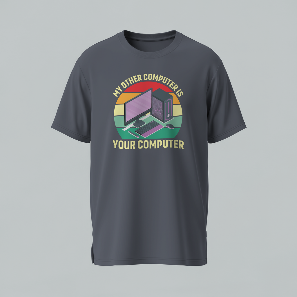Gray t-shirt with a colorful graphic and text on a gray background