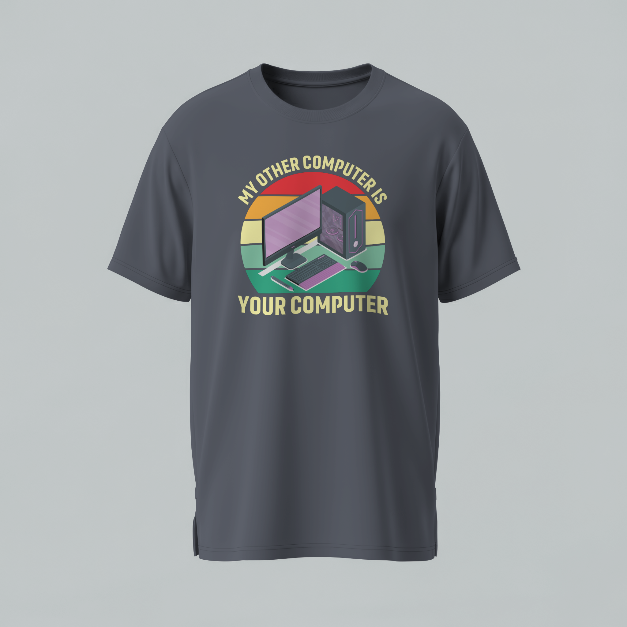 Gray t-shirt with a colorful graphic and text on a gray background