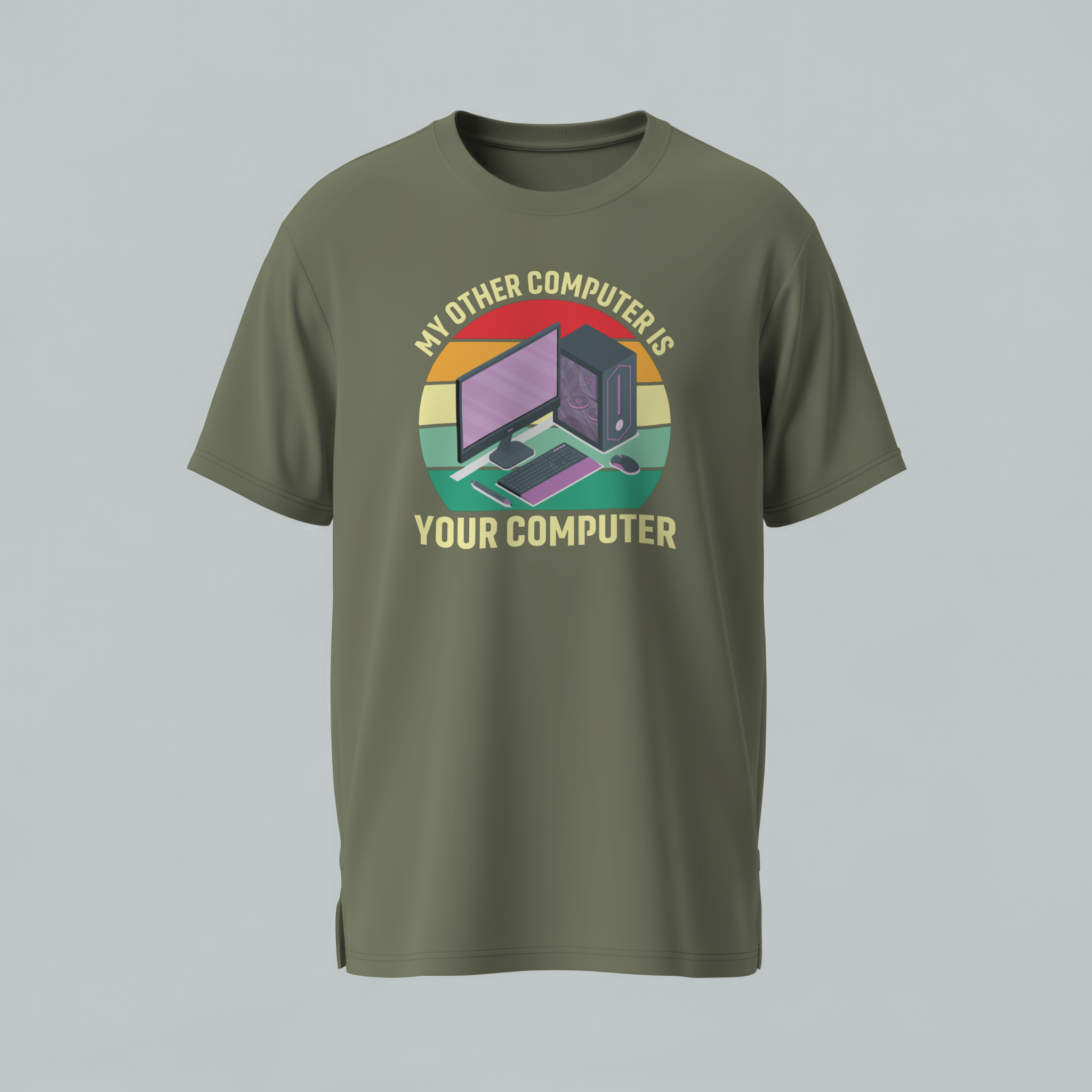 Green t-shirt with computer graphic and text on a gray background