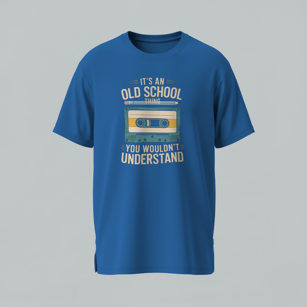Blue t-shirt with a cassette tape graphic and text on a gray background