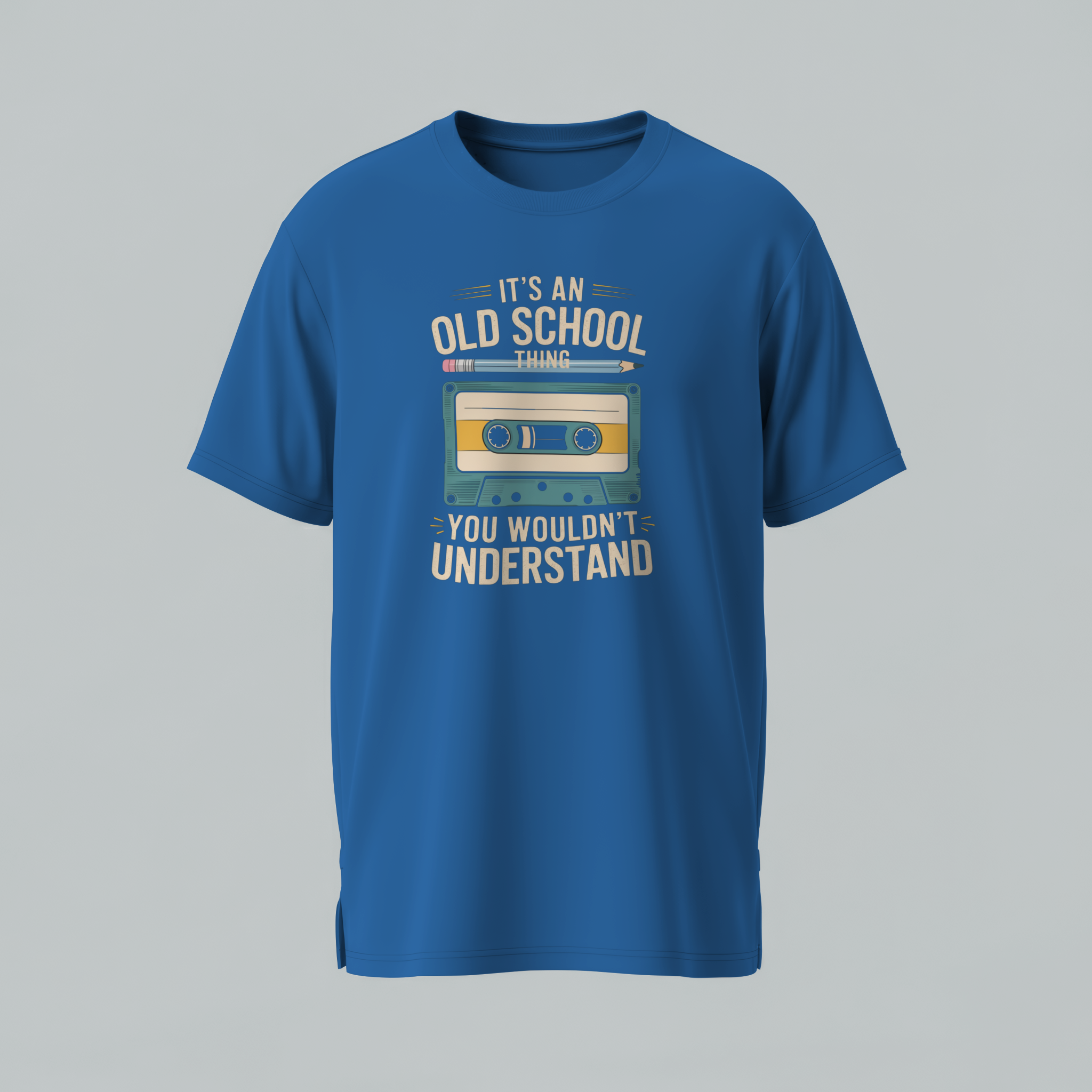 Blue t-shirt with a cassette tape graphic and text on a gray background