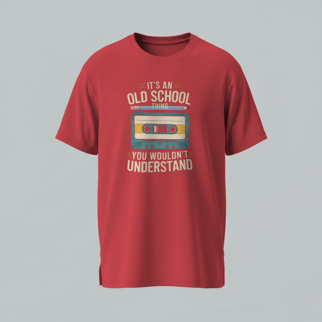 Red t-shirt with graphic design and text on a gray background