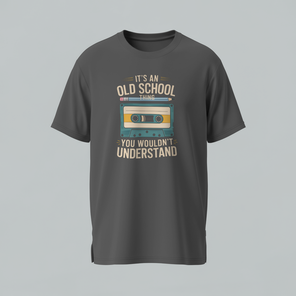 Gray t-shirt with cassette tape graphic and text on a gray background