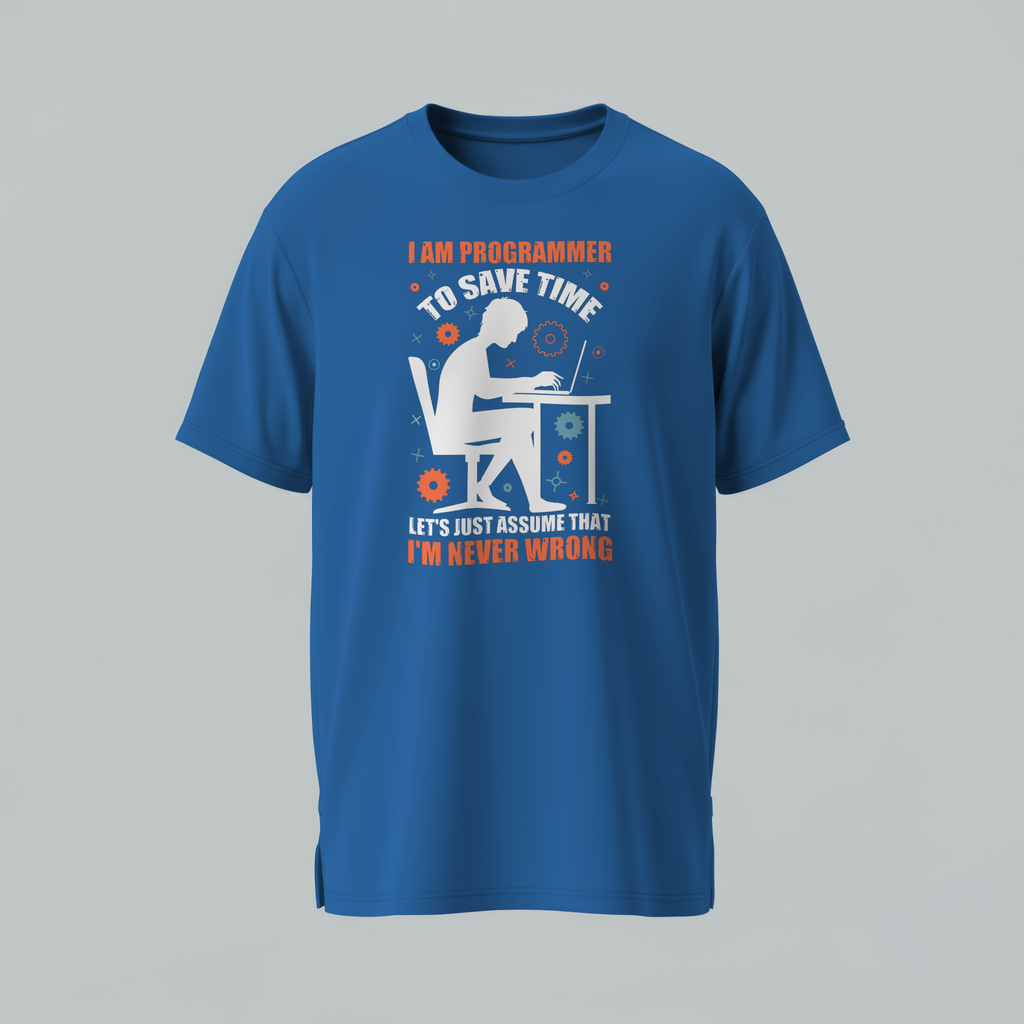 Blue t-shirt with a graphic and text on a gray background