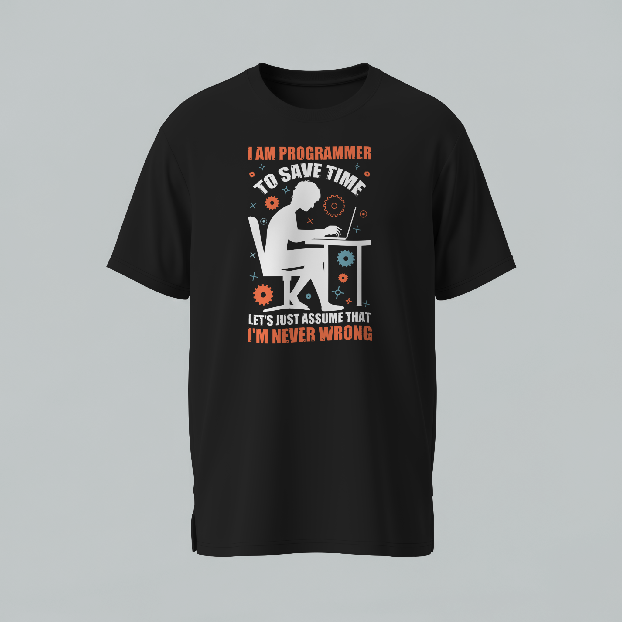 Black t-shirt with a graphic and text on a gray background