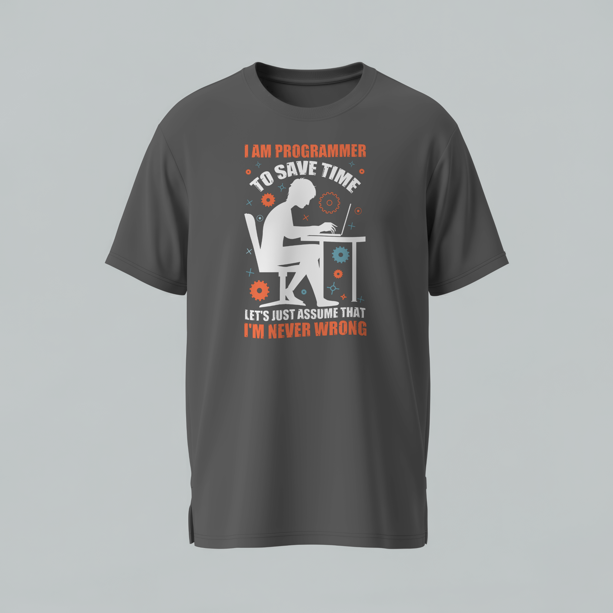 Gray t-shirt with a graphic and text on a gray background