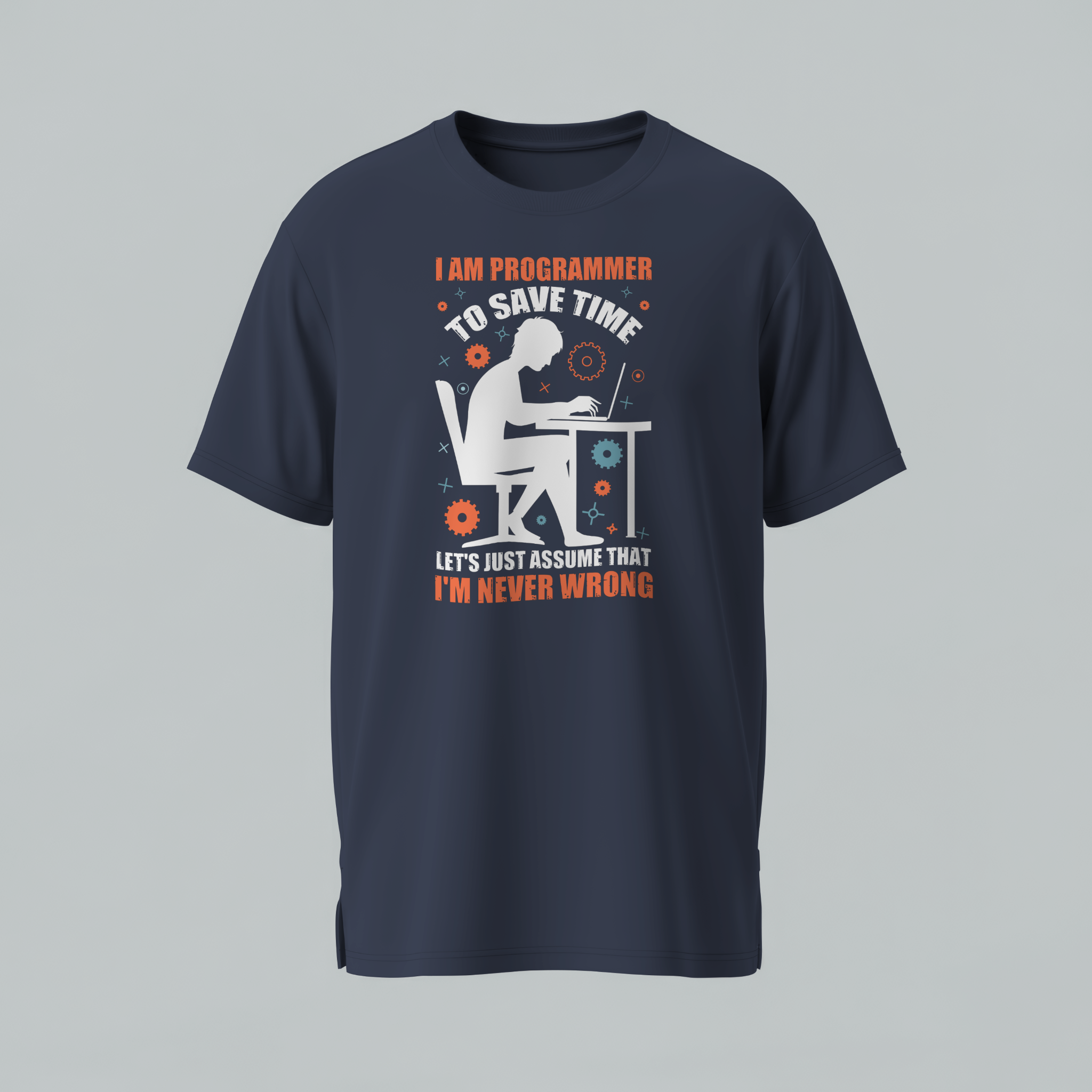 Navy blue t-shirt with a graphic and text on a gray background