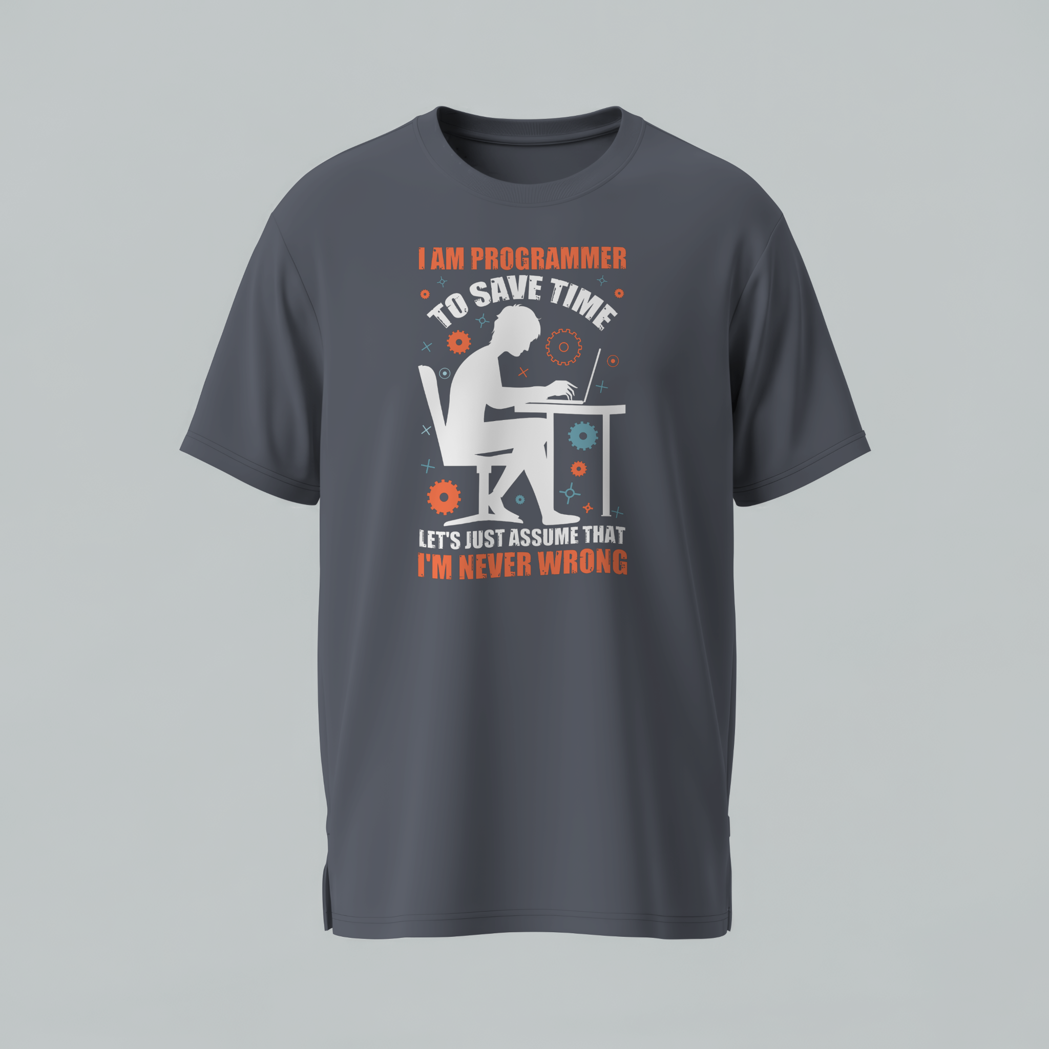 Gray t-shirt with a graphic and text on a gray background