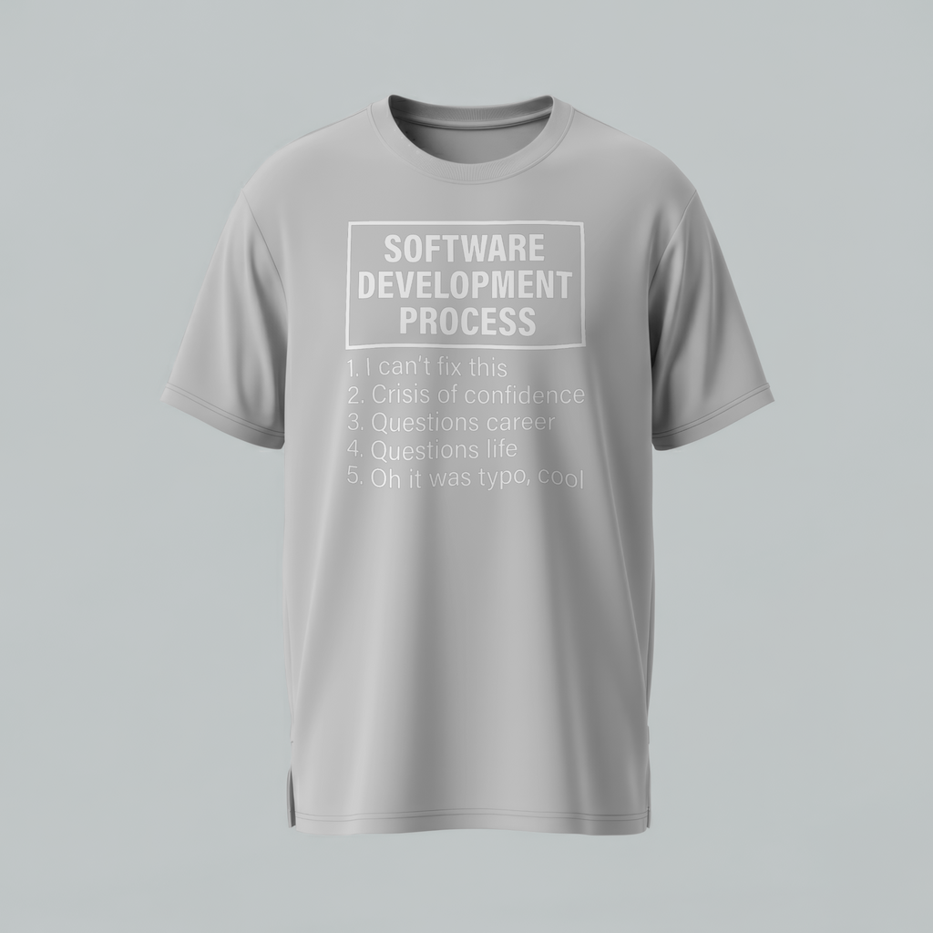 Gray t-shirt with text on a light gray background