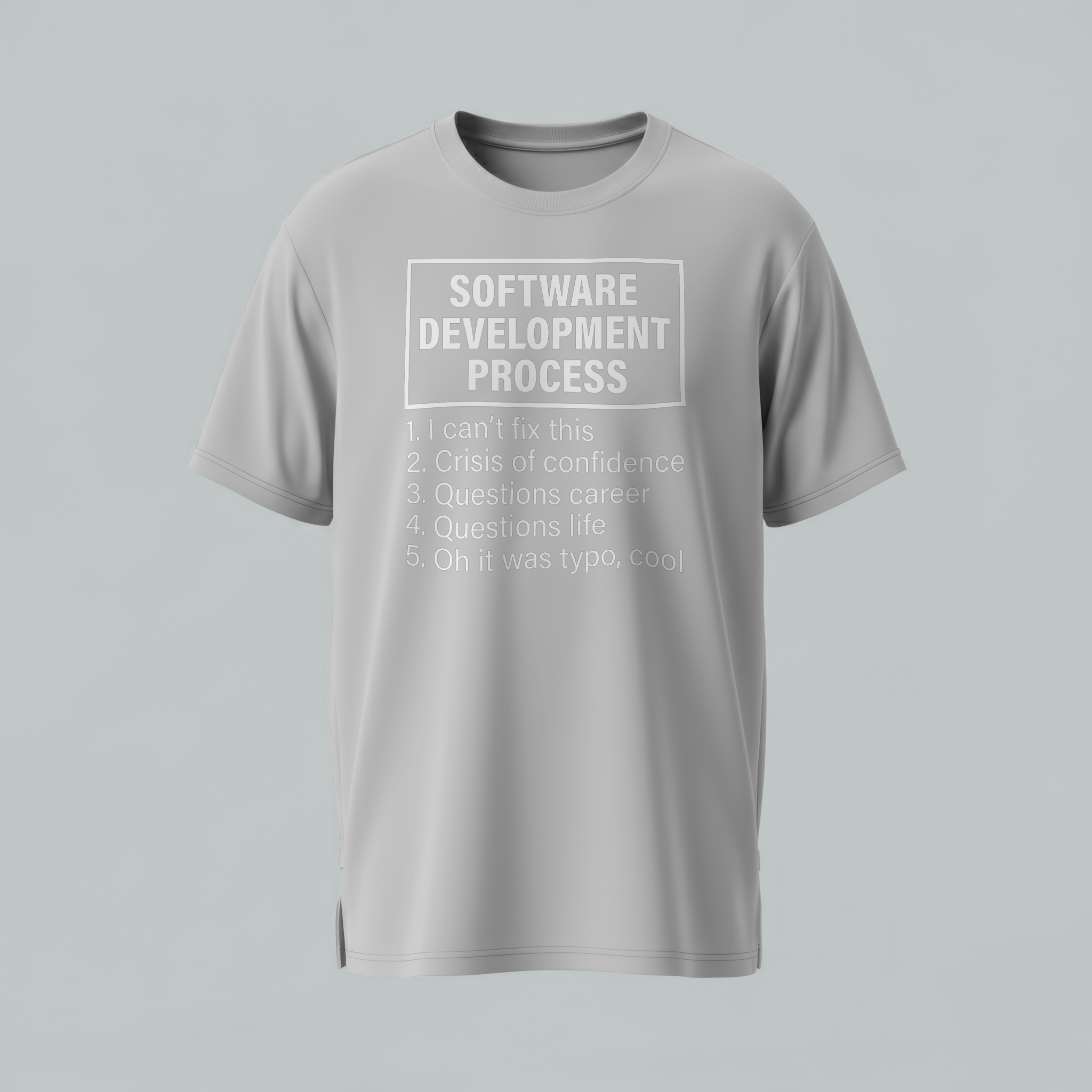Gray t-shirt with text on a light gray background