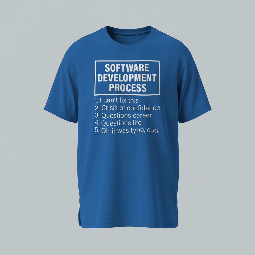 Blue t-shirt with text about software development process on a gray background