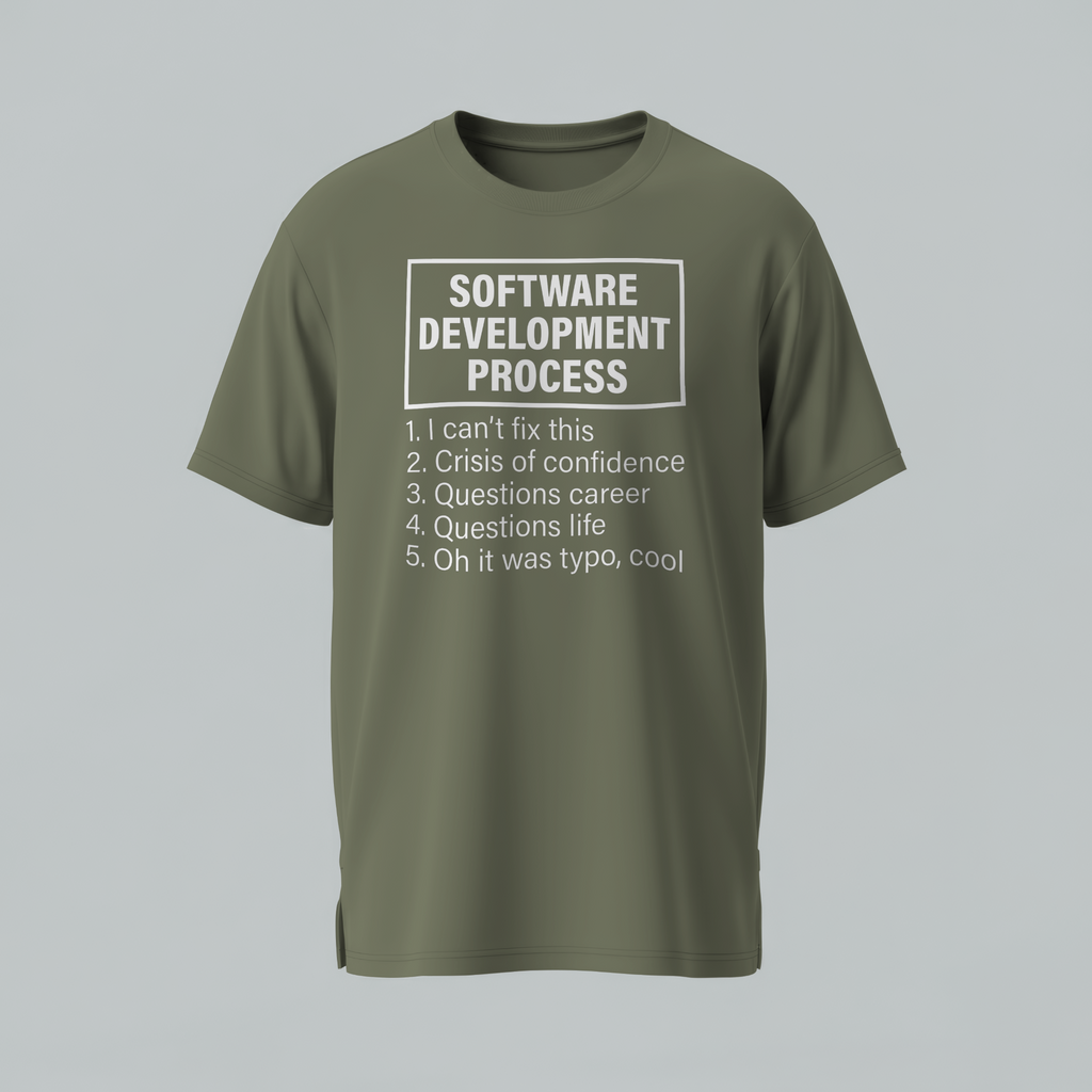 Green t-shirt with text about software development process on a gray background