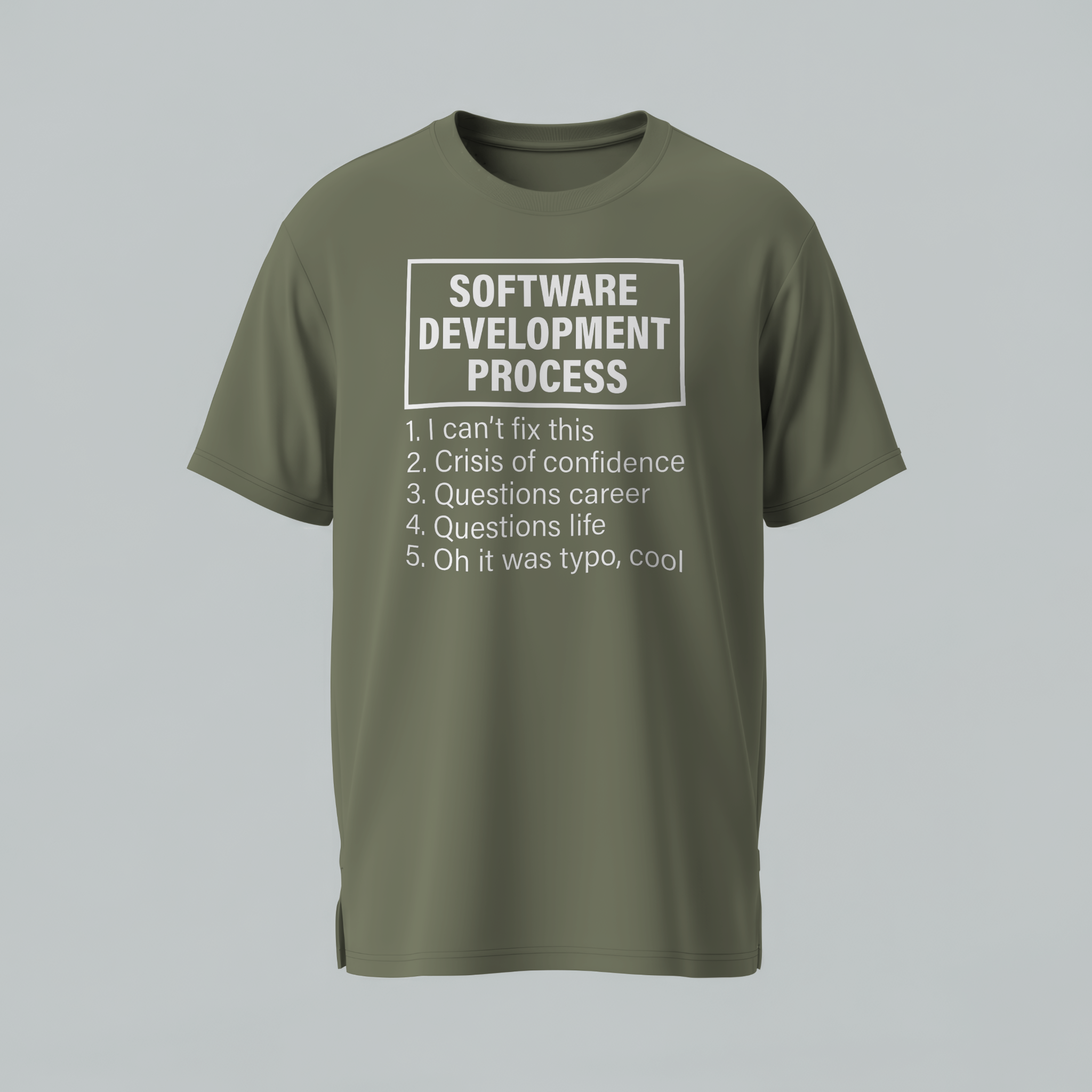 Green t-shirt with text about software development process on a gray background