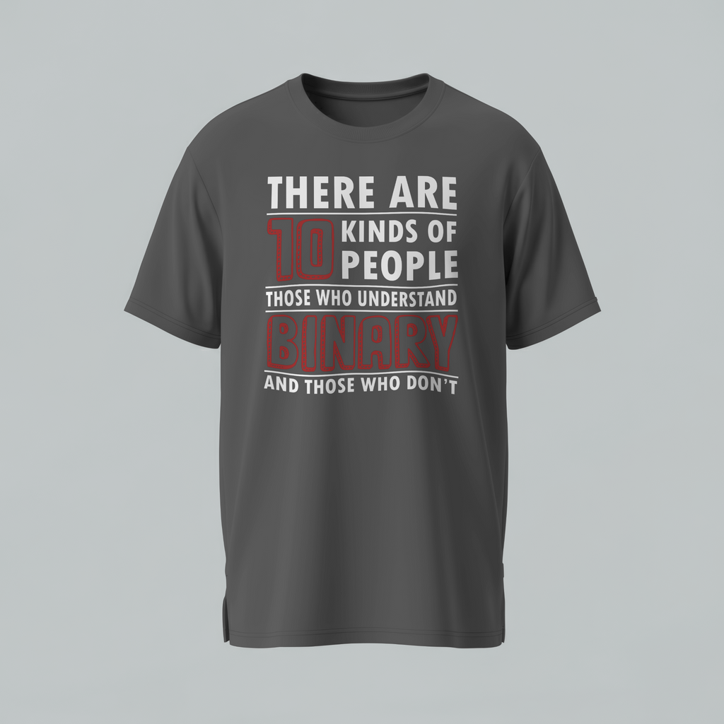 Gray t-shirt with humorous text design on a light gray background