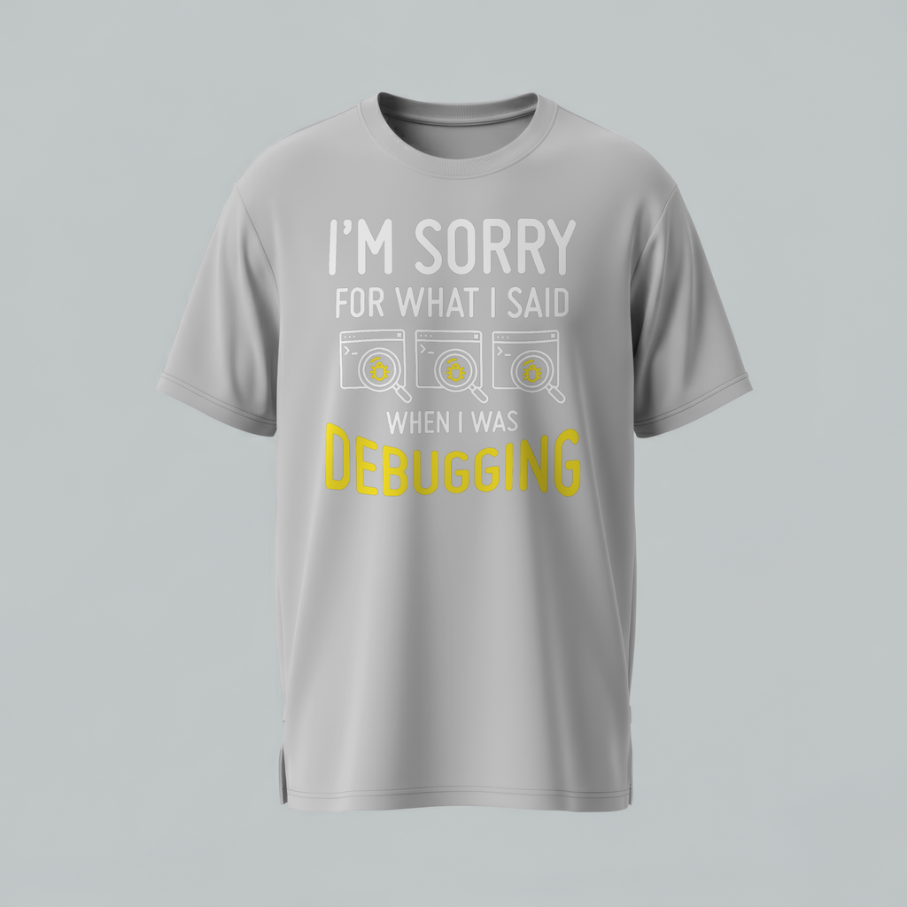 Gray t-shirt with humorous text design on a light gray background