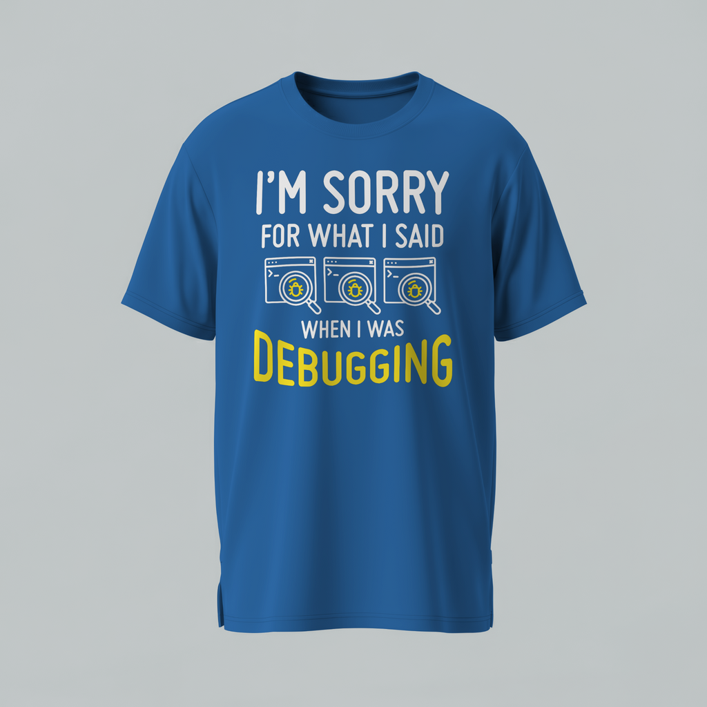 Blue t-shirt with text 'I'm sorry for what I said when I was debugging' on a gray background
