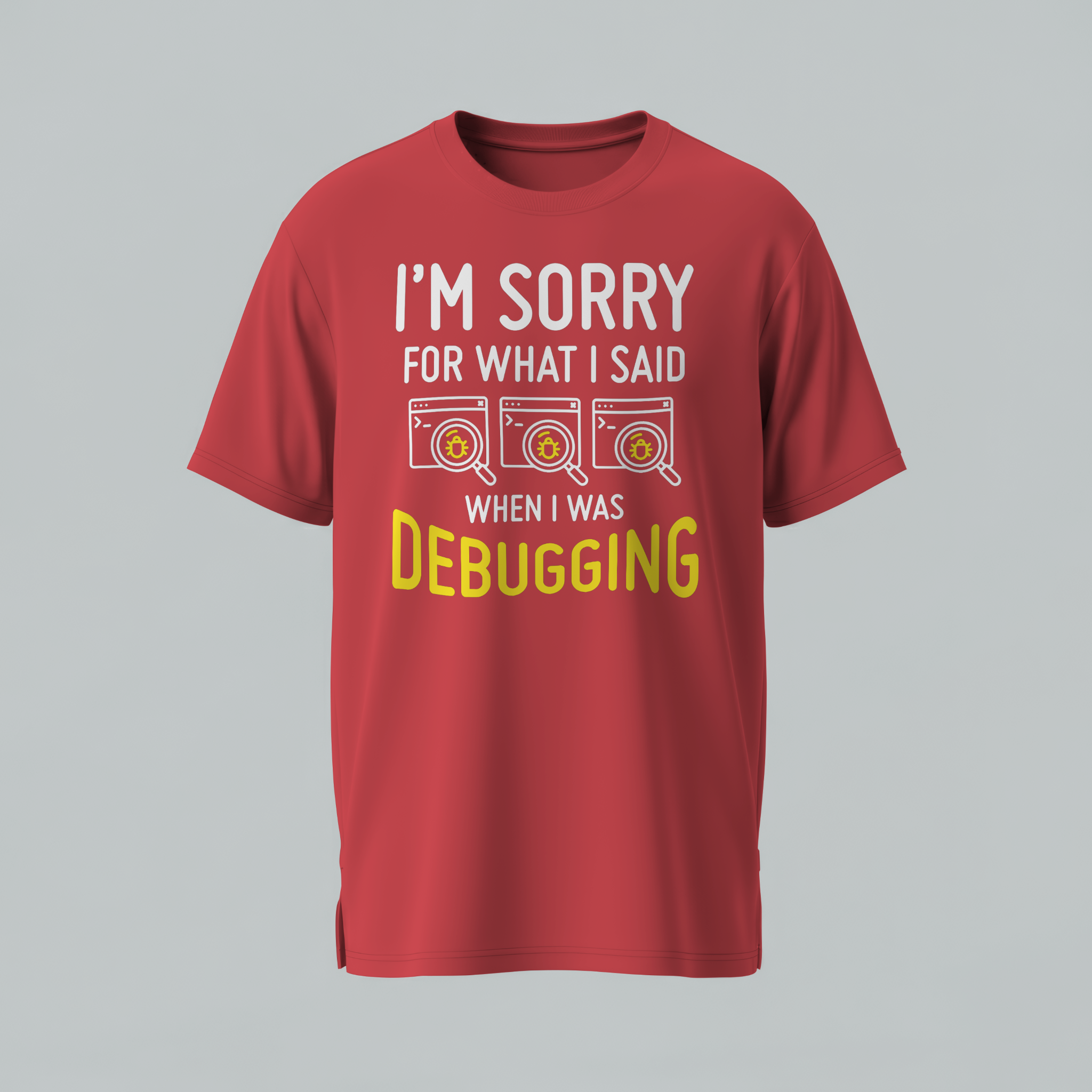 Red t-shirt with humorous text design on a gray background