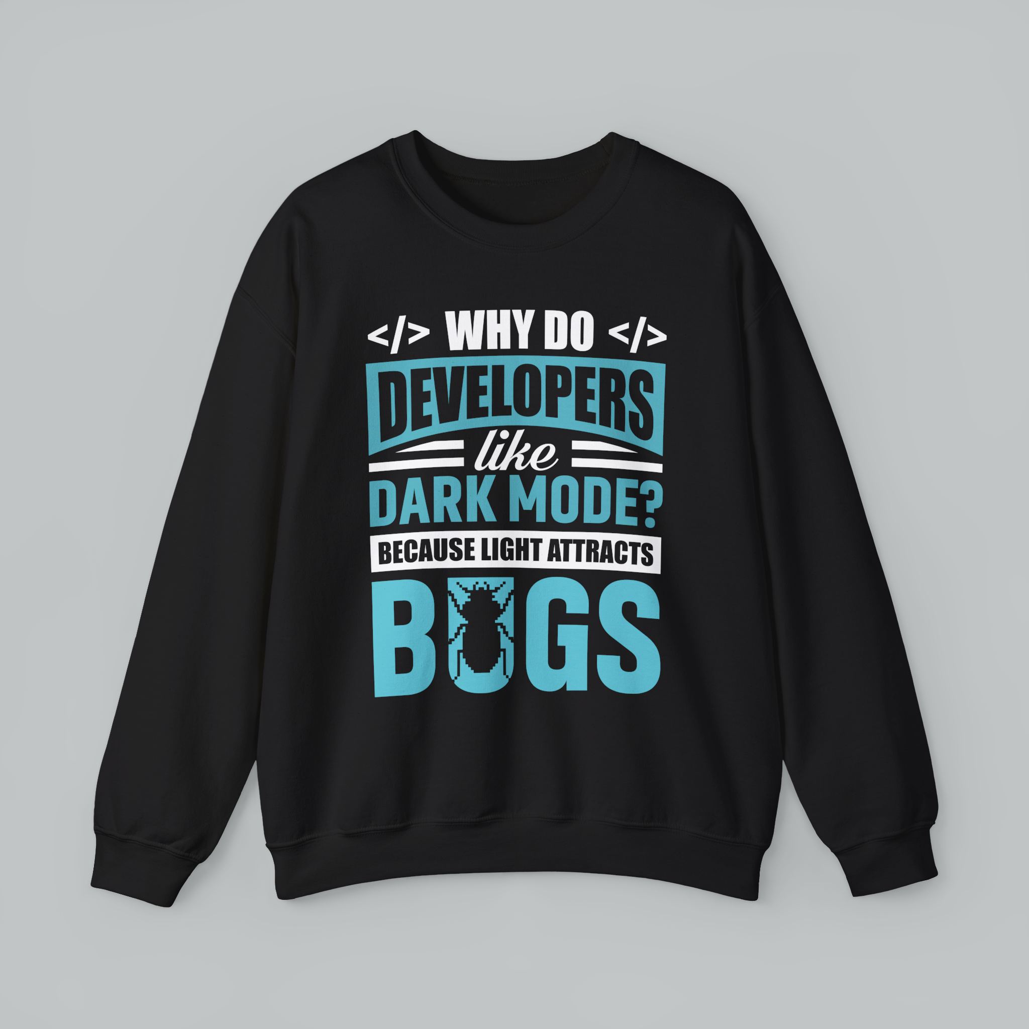 Black sweatshirt with blue and white text on a gray background