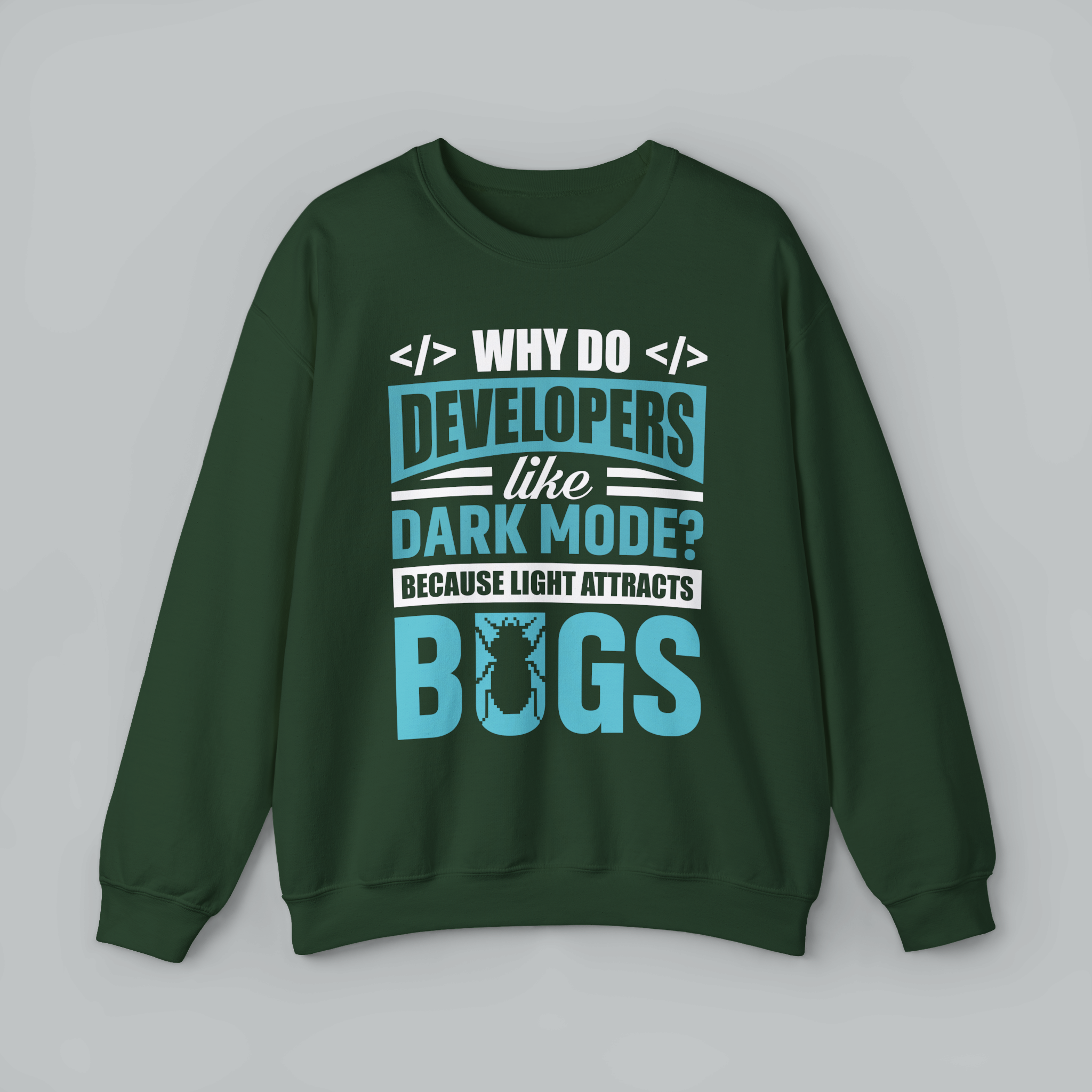 Green sweatshirt with text and a graphic on a gray background