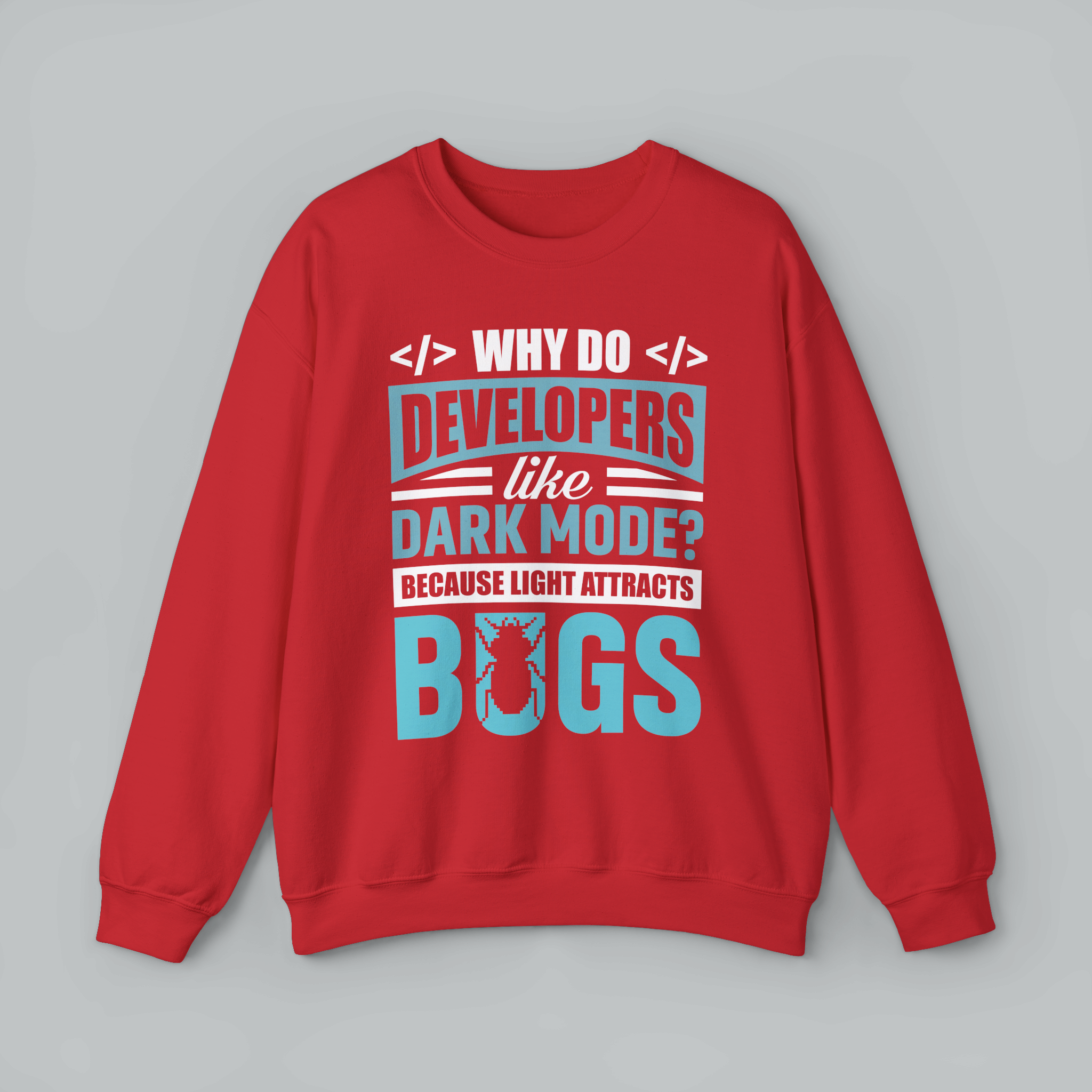 Red sweatshirt with text and a bug graphic on a gray background