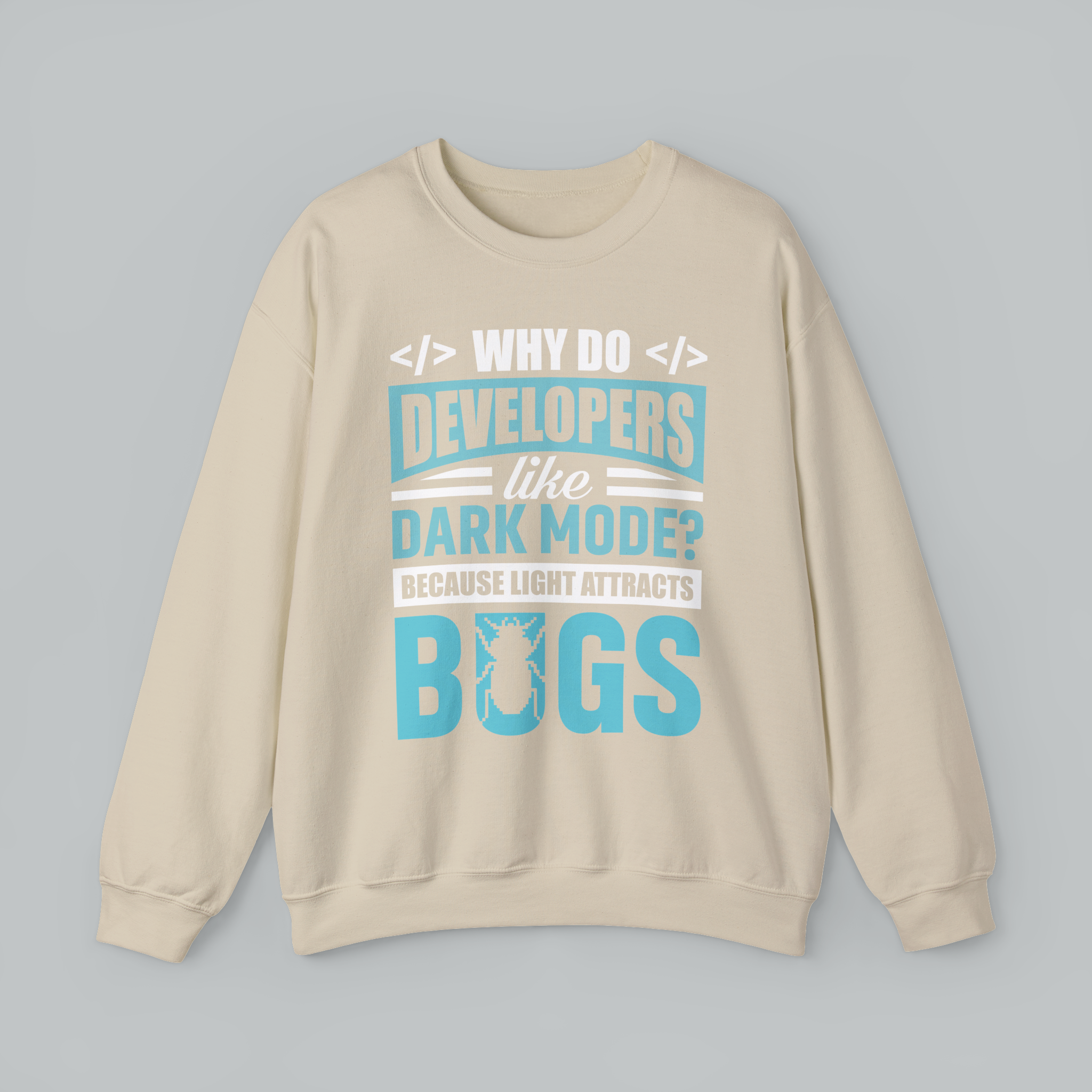 Beige sweatshirt with text and graphic on a gray background