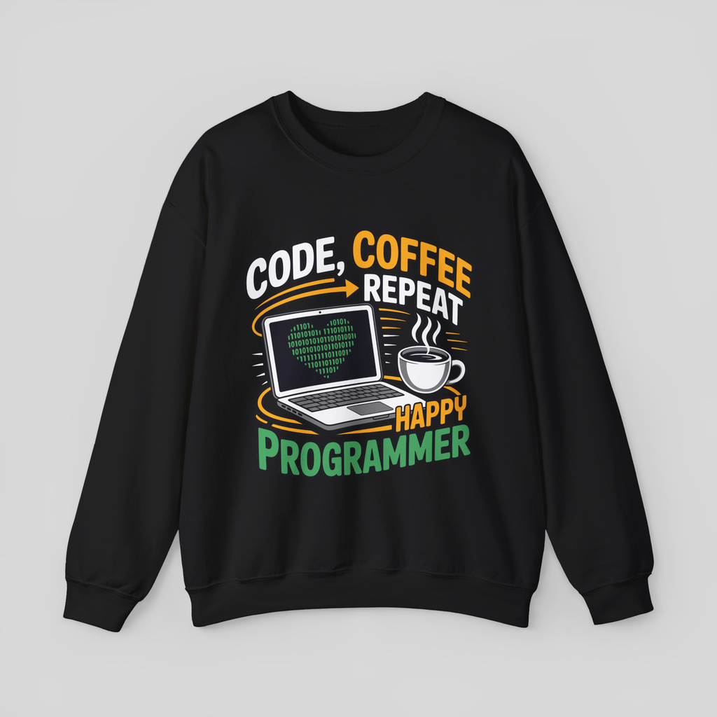 Black sweatshirt with 'Code, Coffee, Repeat - Happy Programmer' text and graphics on a gray background