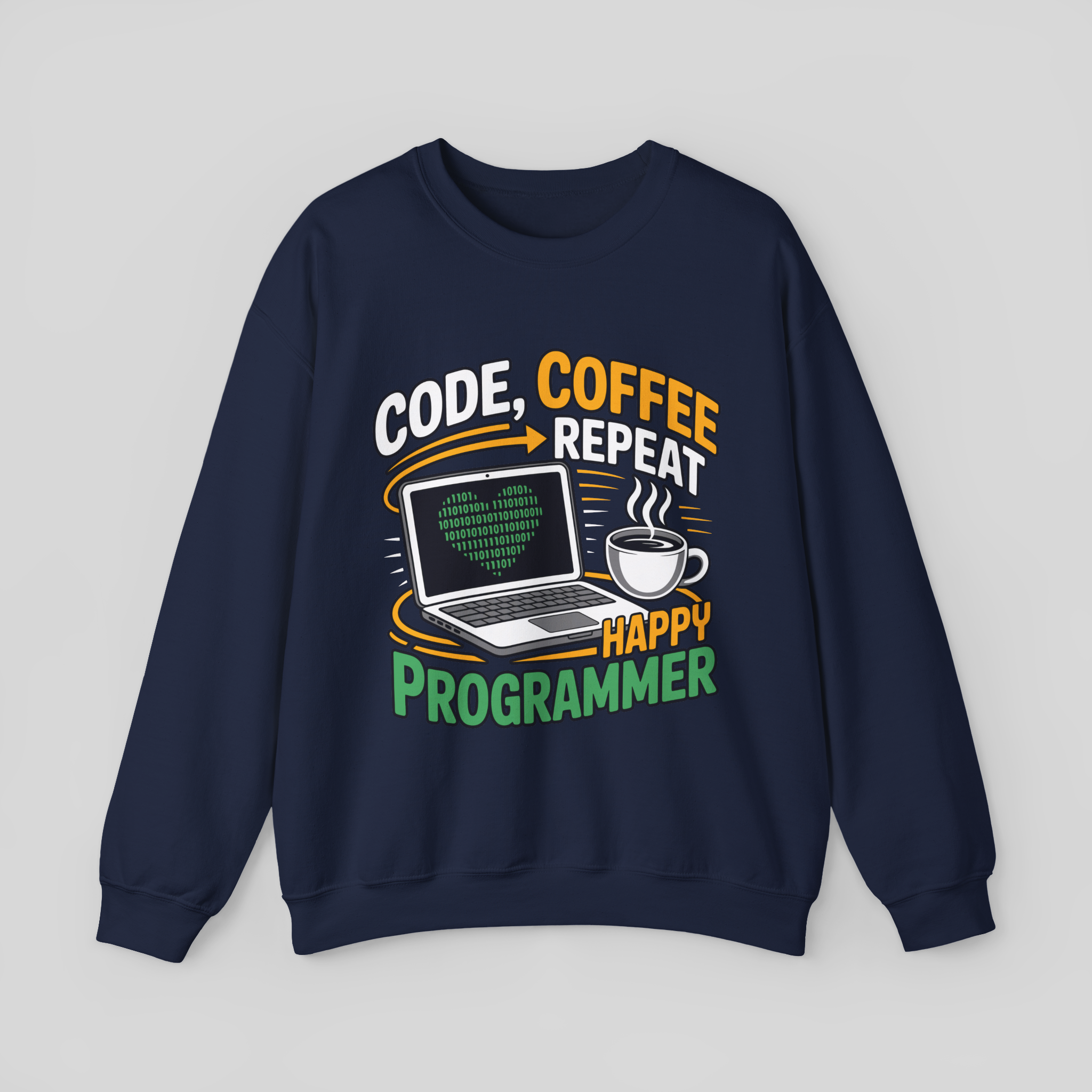 Navy blue sweatshirt with 'Happy Programmer' text and graphics on a light gray background