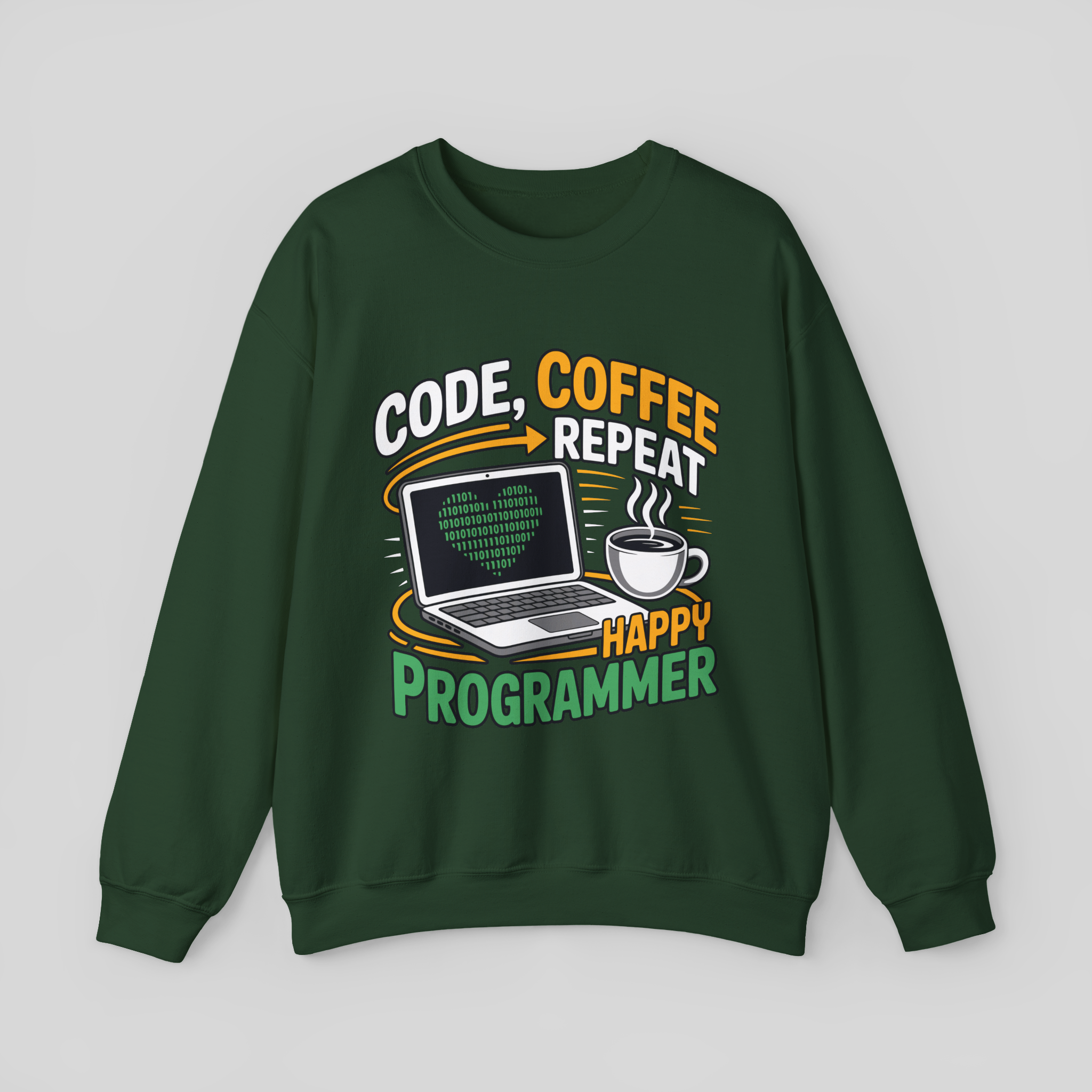 Green sweatshirt with 'Code, Coffee, Repeat - Happy Programmer' text and graphics on a gray background