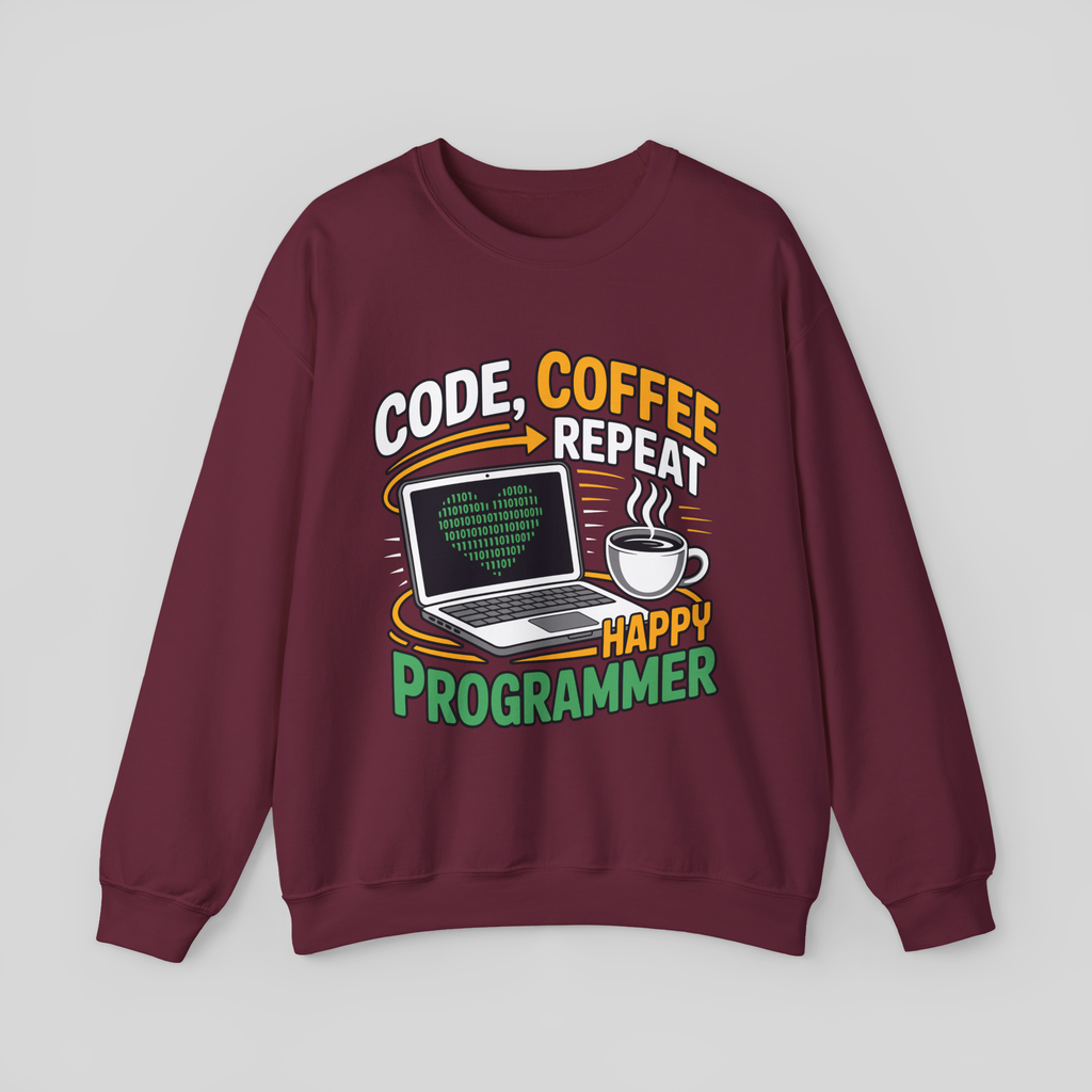 Maroon sweatshirt with 'Happy Programmer' graphic design on a light gray background