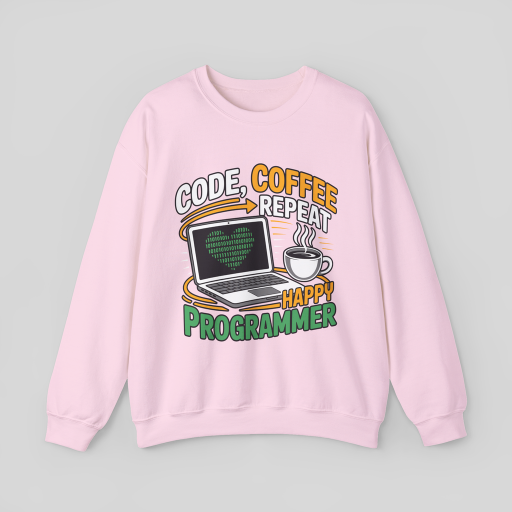 Pink sweatshirt with 'Happy Programmer' graphic design on a gray background