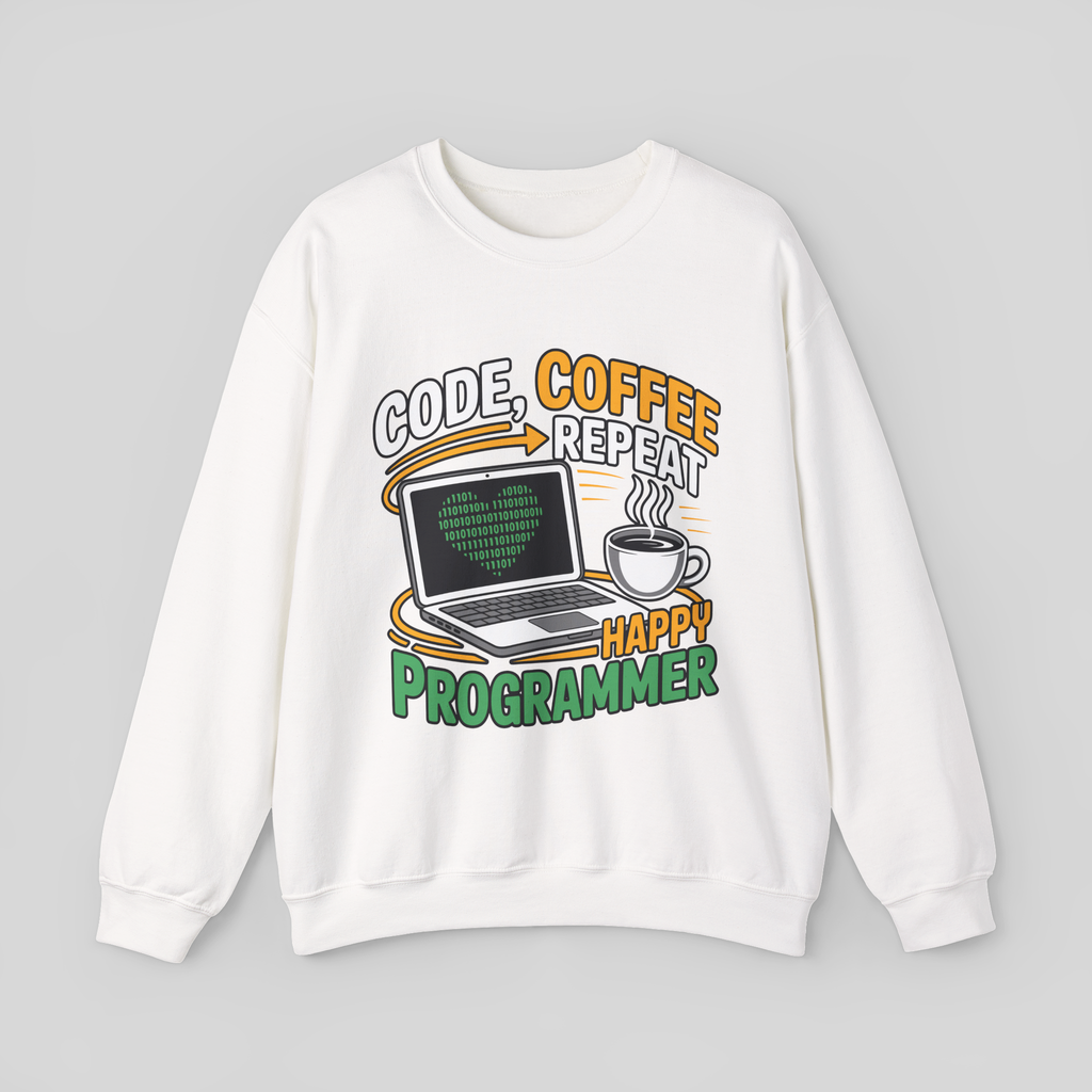 White sweatshirt with 'Happy Programmer' graphic design featuring a laptop and coffee cup on a gray background.