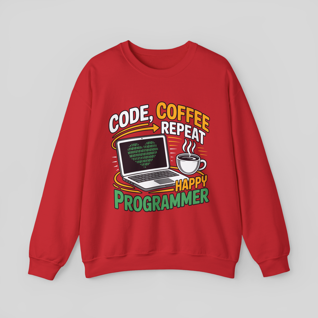 Red sweatshirt with a graphic design featuring a laptop and coffee cup, text 'Code, Coffee, Repeat - Happy Programmer' on a gray background.