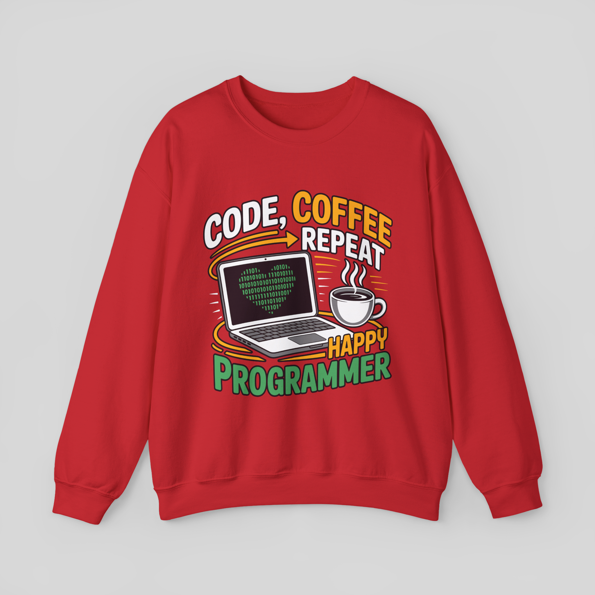 Red sweatshirt with a graphic design featuring a laptop and coffee cup, text 'Code, Coffee, Repeat - Happy Programmer' on a gray background.