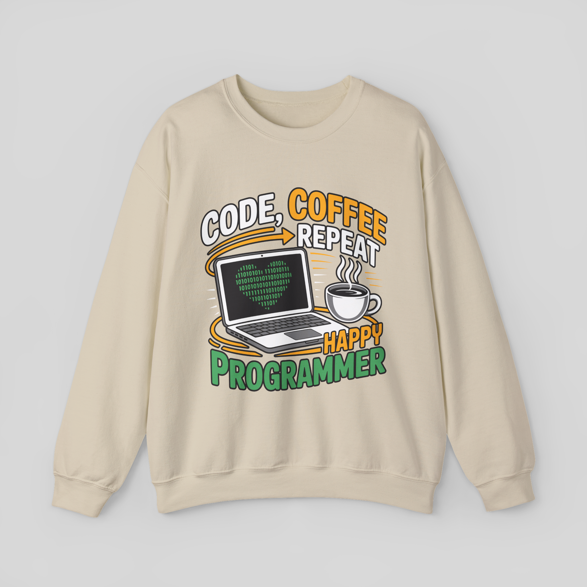 Beige sweatshirt with a graphic design featuring a laptop and coffee cup, text 'Code Coffee Repeat Happy Programmer' on a light gray background.