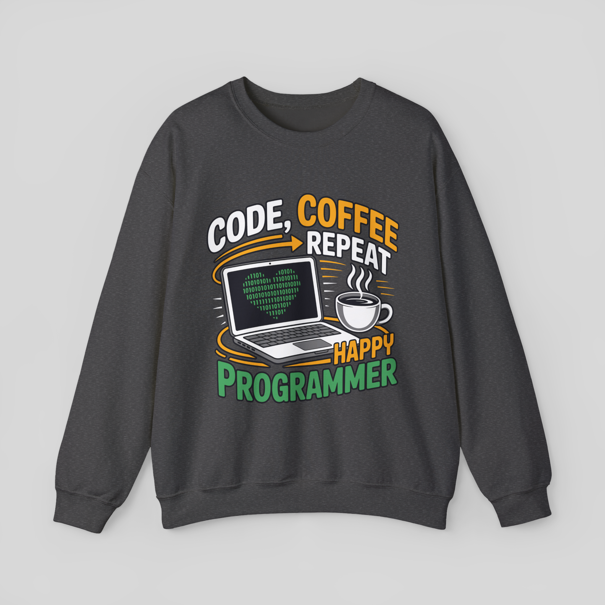 Dark gray sweatshirt with 'Happy Programmer' graphic design on a light gray background